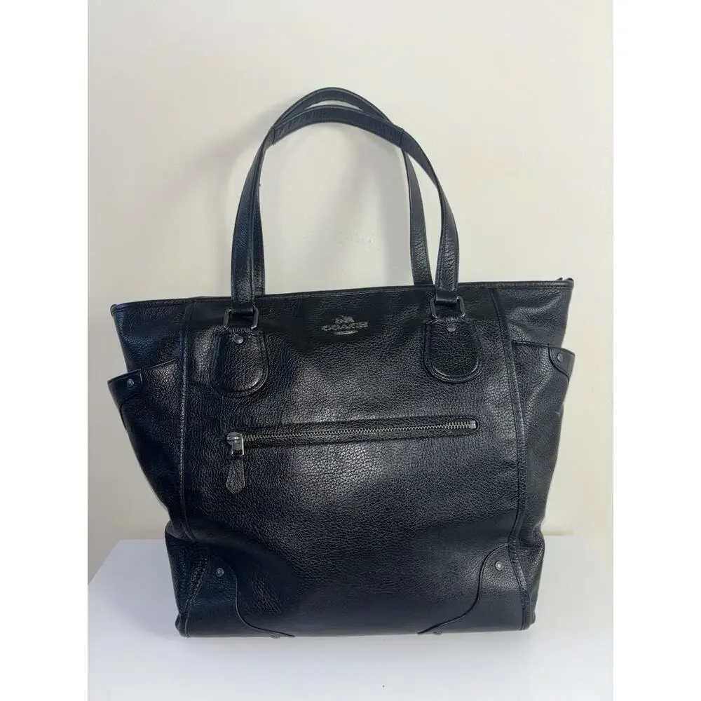 Coach Mickie Tote Black Pebbled Leather F34039 Shoulder Hobo Tote Gunmetal - Picture 1 of 12